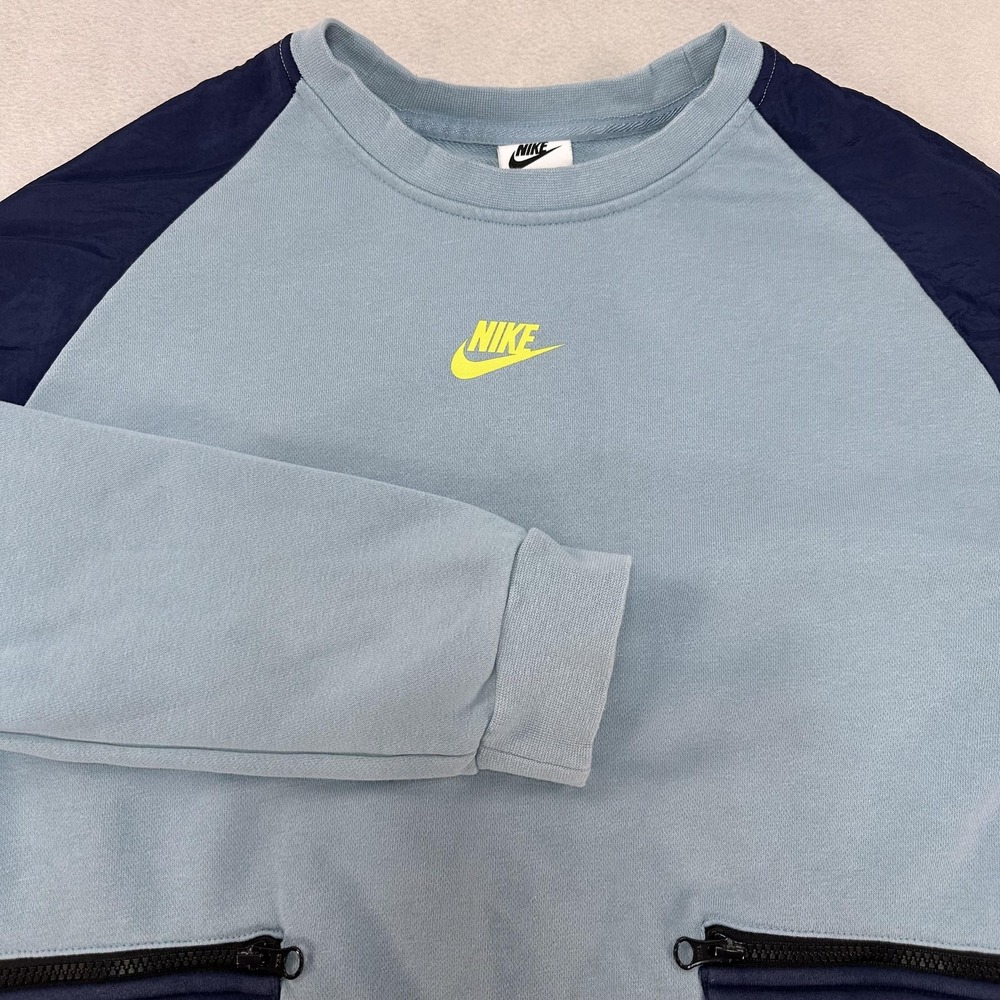 Nike Sweatshirt Mens XL Blue Colorblock Zip Pocket Crewneck Pullover Logo Y2K